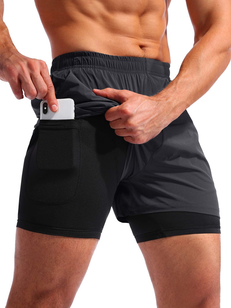 Pudolla Menâ€™s 2 in 1 Running Shorts 5" Quick Dry Gym Athletic Workout Shorts for Men with Phone Pockets(Dark Grey Large) - Image 1